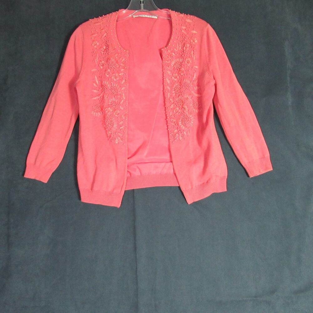 Trina Turk Cardigan Sweater Womens Small Coral Beaded Floral Knit Preppy Church
